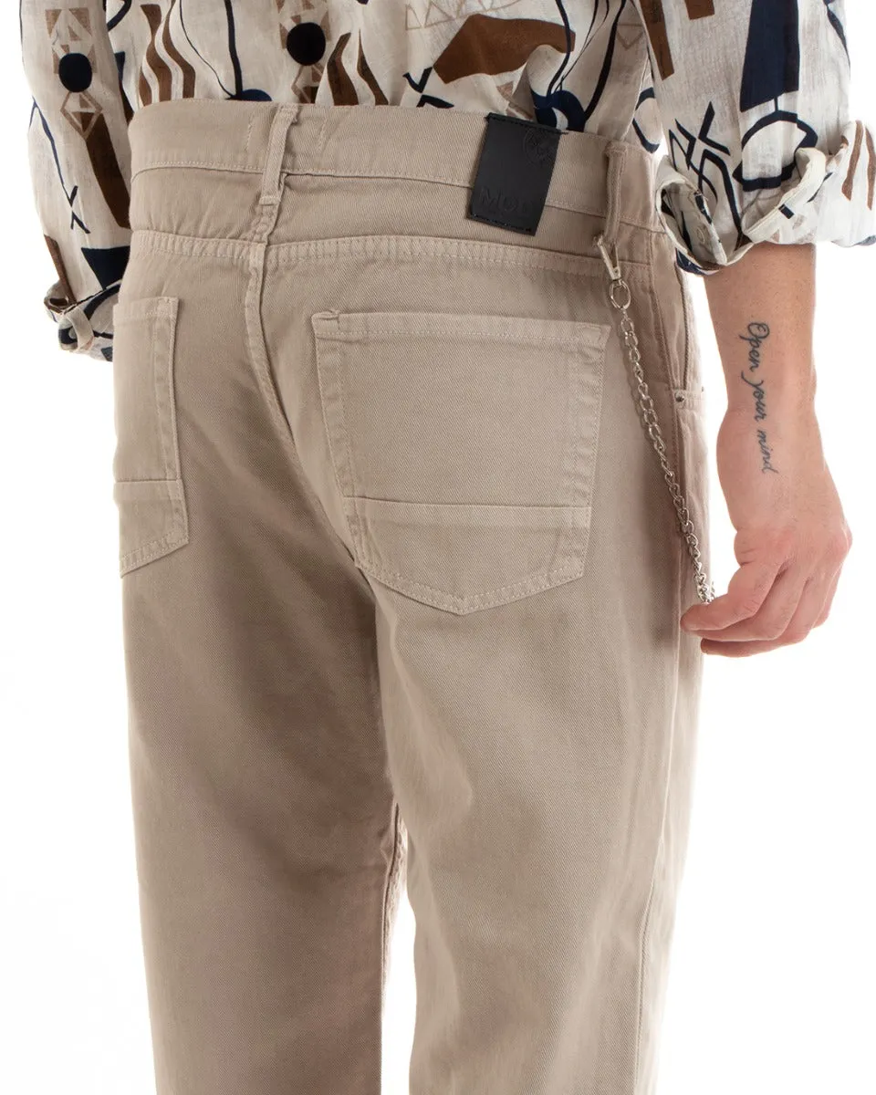 Pantaloni Jeans Uomo Loose Fit Beige Con Taglio Al Ginocchio Cinque Tasche GIOSAL-P5709A