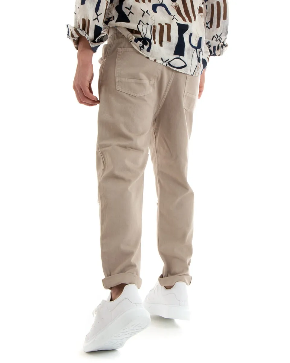 Pantaloni Jeans Uomo Loose Fit Beige Con Taglio Al Ginocchio Cinque Tasche GIOSAL-P5709A