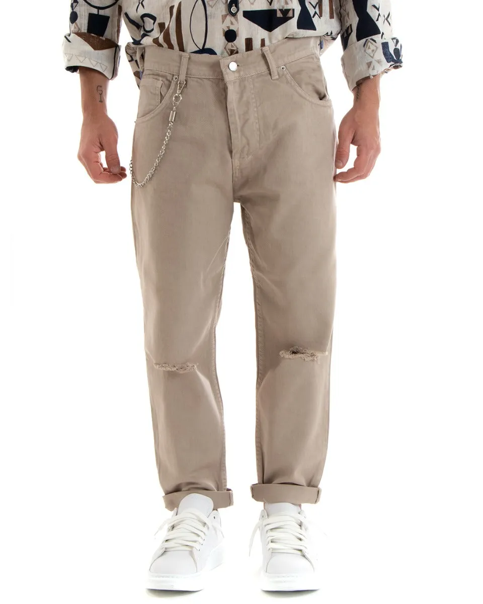 Pantaloni Jeans Uomo Loose Fit Beige Con Taglio Al Ginocchio Cinque Tasche GIOSAL-P5709A