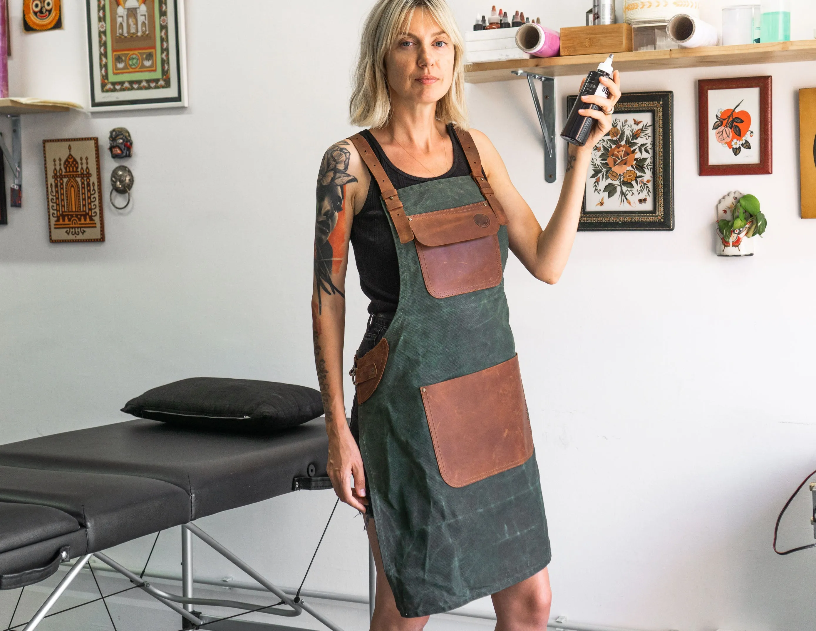 Personalized Workshop Apron | Waxed Olive Сanvas & Brown Leather