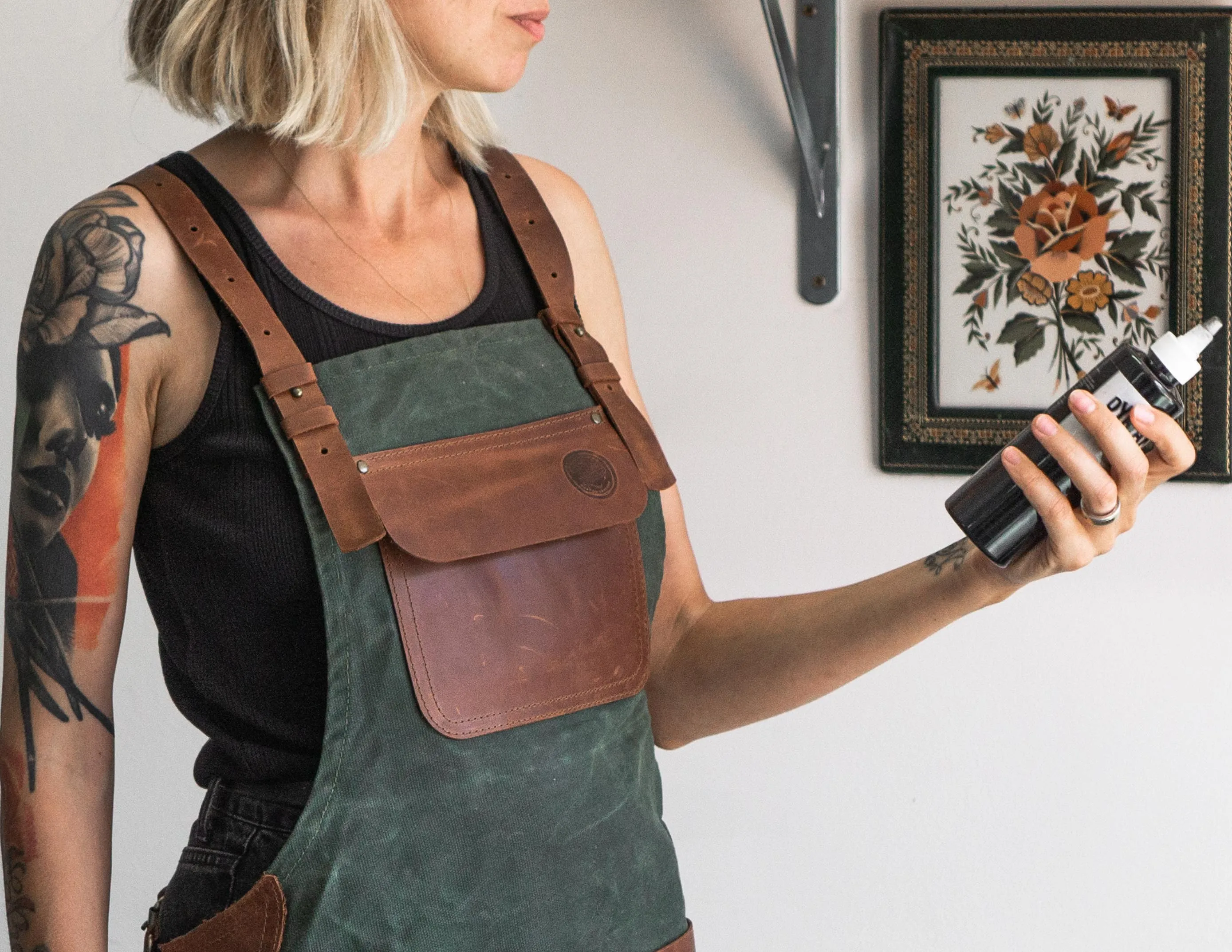 Personalized Workshop Apron | Waxed Olive Сanvas & Brown Leather