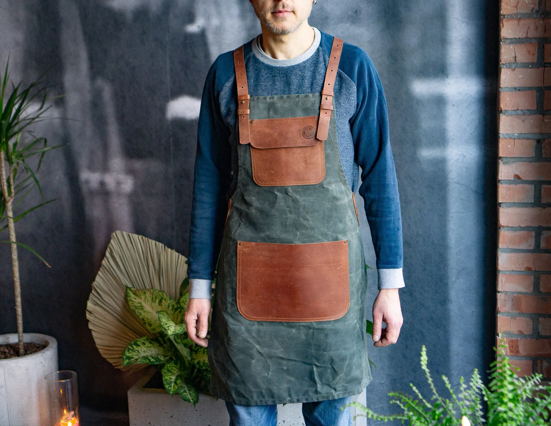 Personalized Workshop Apron | Waxed Olive Сanvas & Brown Leather