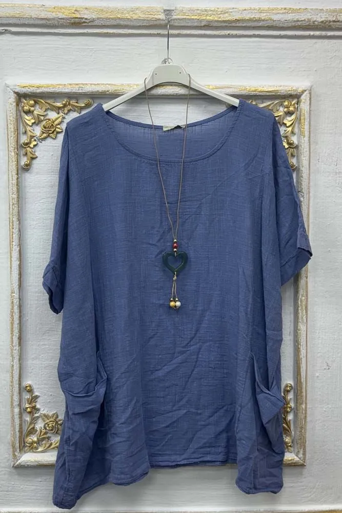 Plain Pockets Cotton Necklace Top