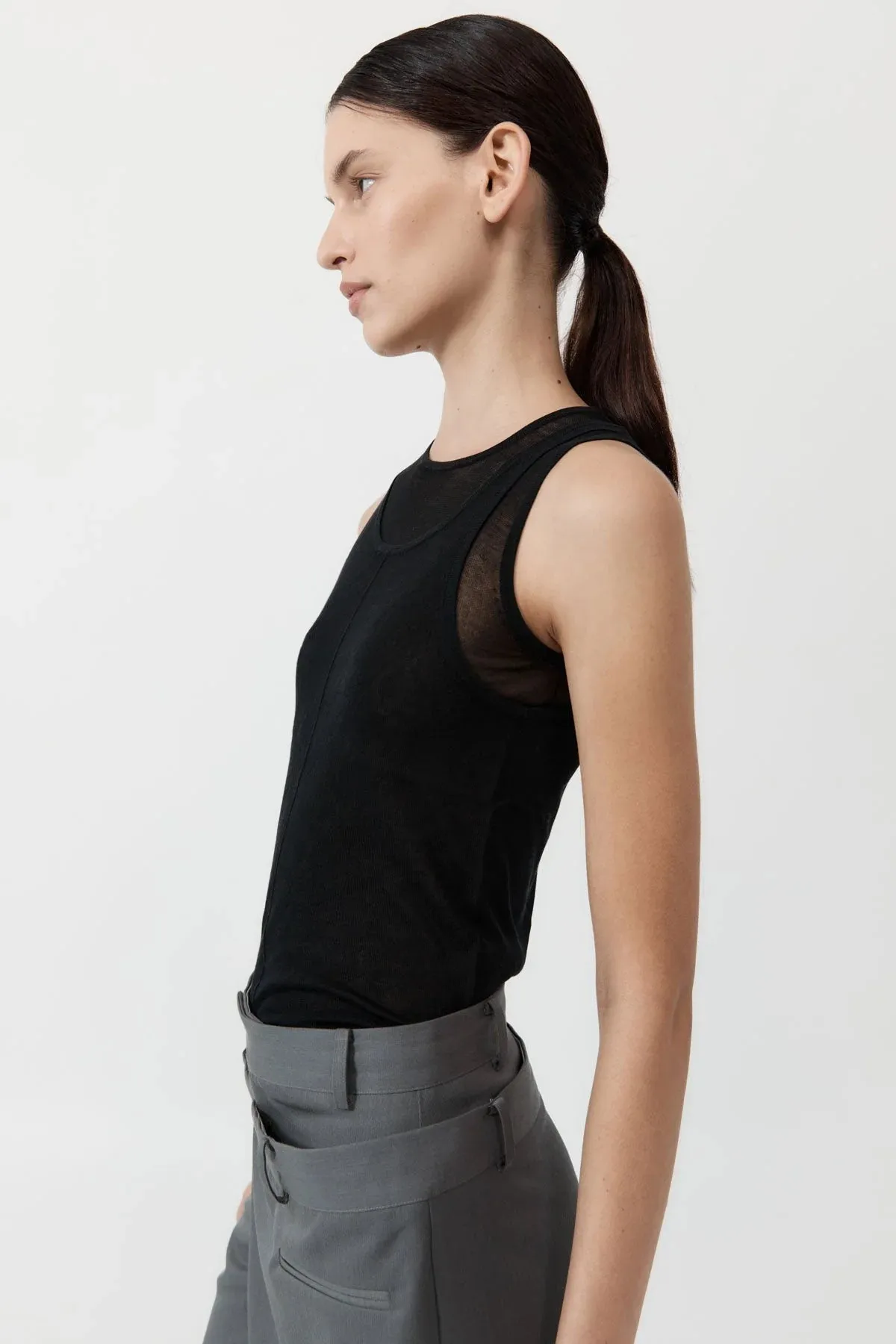 Semi Sheer Double Layer Tank - Black