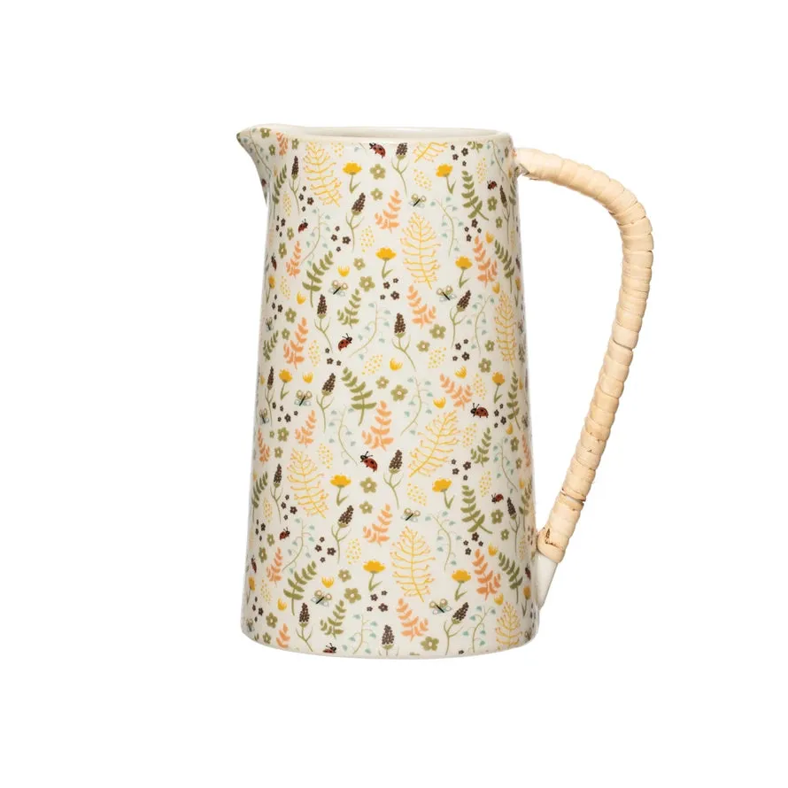 Stoneware Pitcher with Rattan Wrapped Handle