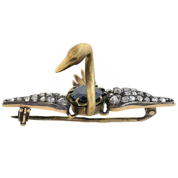 Victorian 15kt/Sterling Sapphire   Diamond Swan Pin