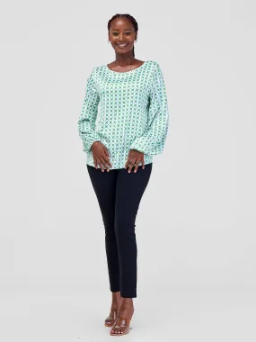 Vivo Basic Satin Bishop Sleeved Top - White / Green Clover Print