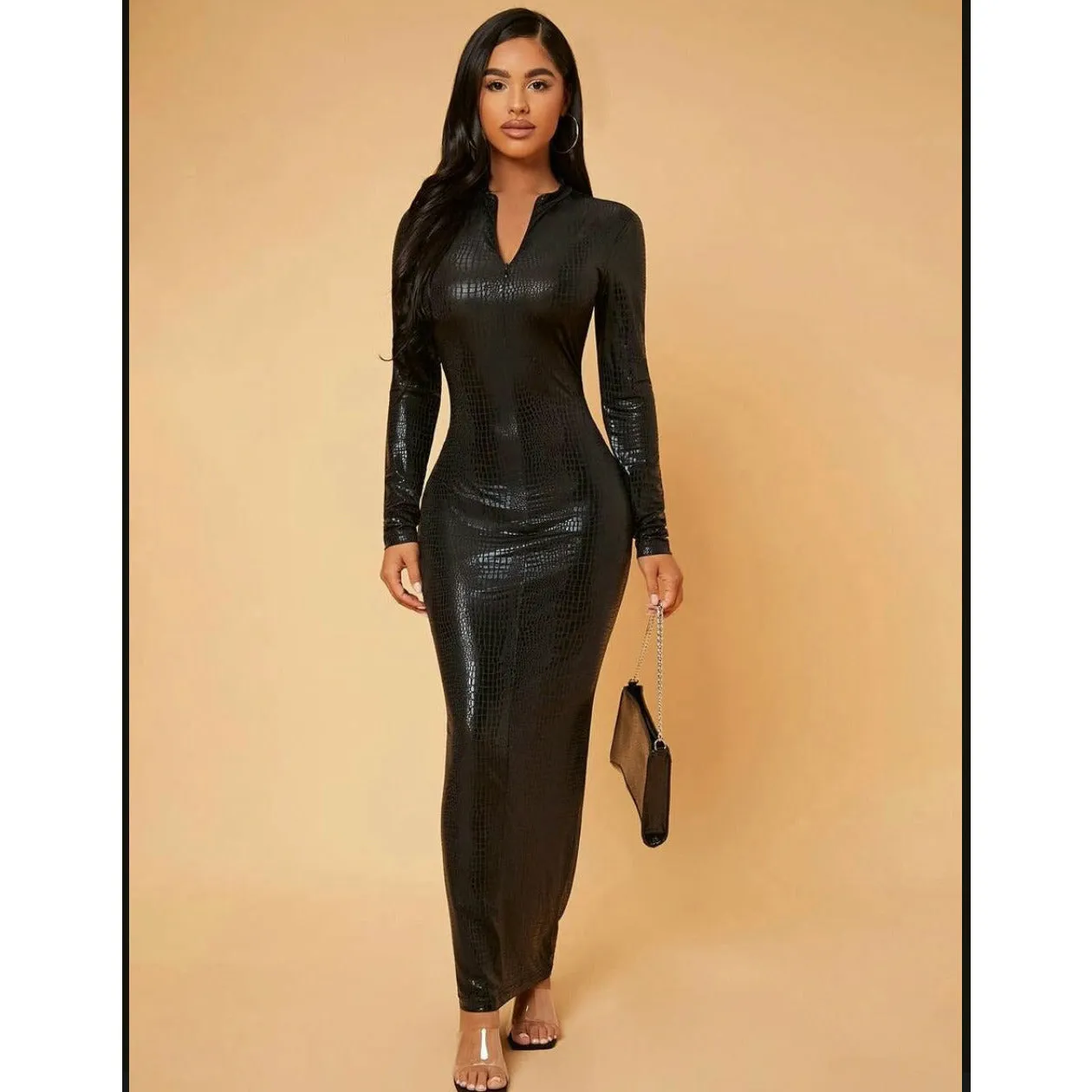 Women Croc PU Leather Bodycon Dress