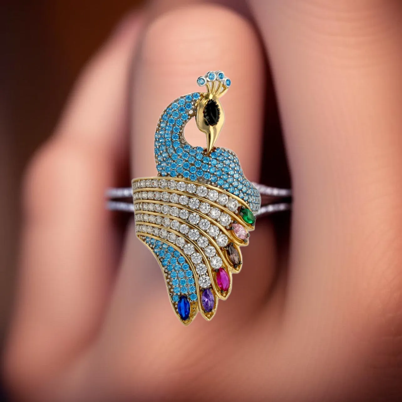 Yellow 14k gold colors stones peacock ring